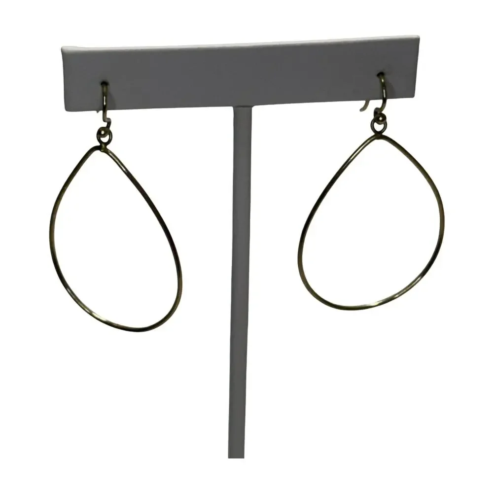 Gold Tone Open Teardrop Wire Dangle Earrings French Hook 2.5 Drop - Picture 2 of 6